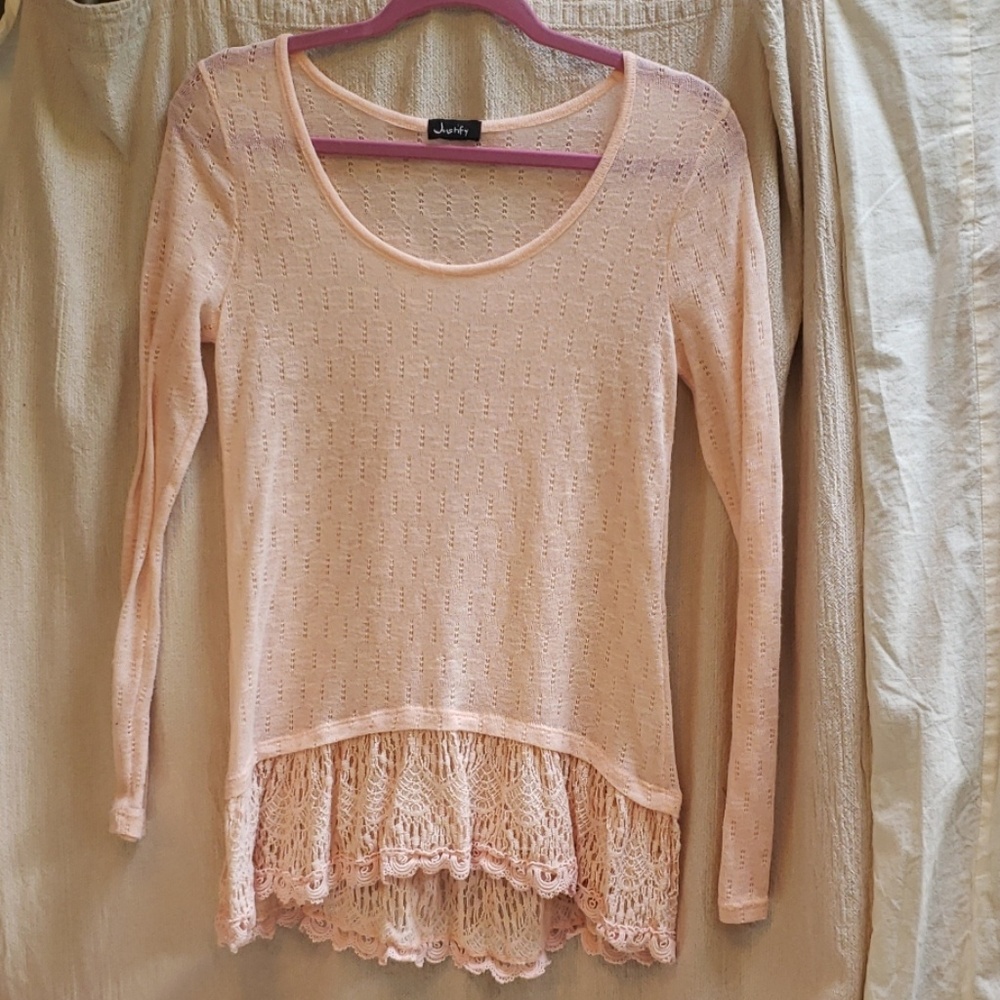 Justify sheer pastel pink ruffled sweater sz small